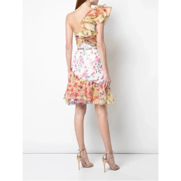 Marchesa Notte Colorblock Floral One-Shoulder Twisted Ruffle Dress Ivory Size 16 - Picture 5 of 13